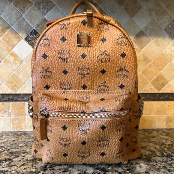 MCM Visetos Cognac Gold Studded Authentic Leather Backpack - Picture 2 of 7